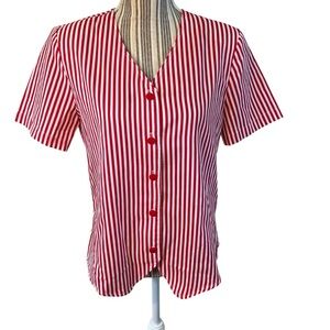 Vintage Top Size 10 Lauren Lee Red White Stripes Button Down Lightweight